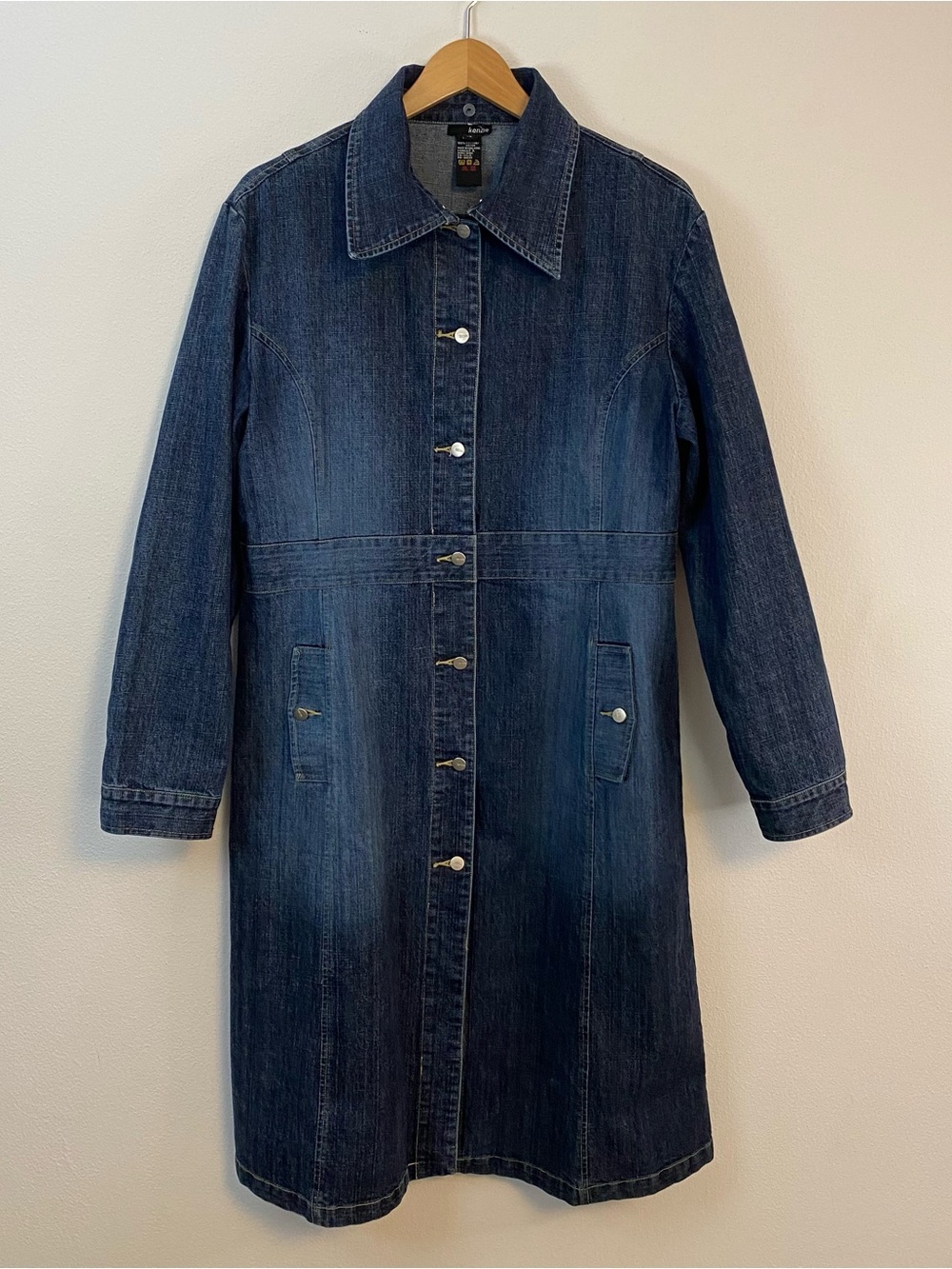 Kenzie Vintage Denim Long Trucker Jacket Button Up Cotton Y2K Midi‎ Womens 12